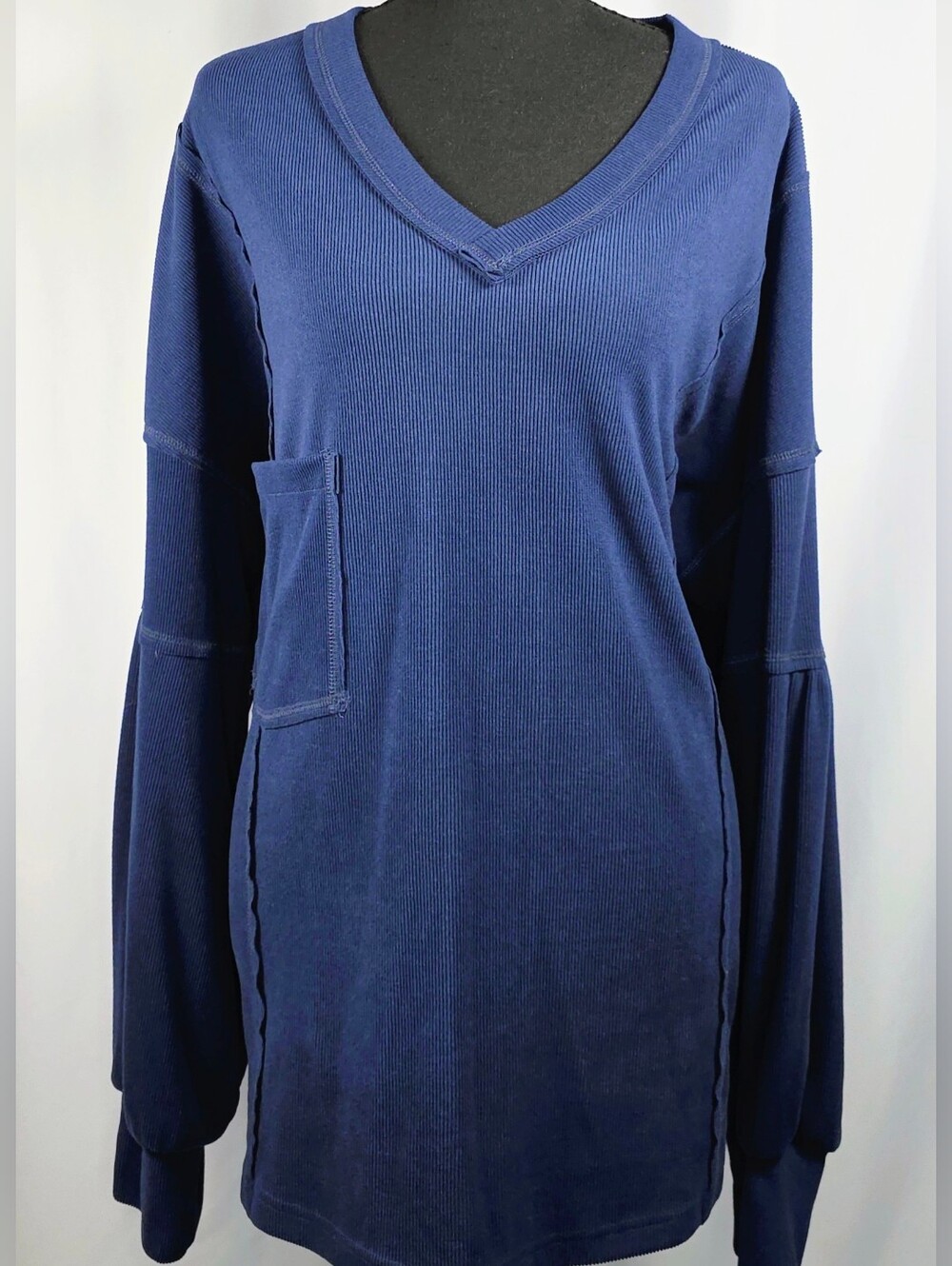 Blue Ribbed V Neck Tunic Top Balloon Sleeves Pocket Casual Boho Women's XL